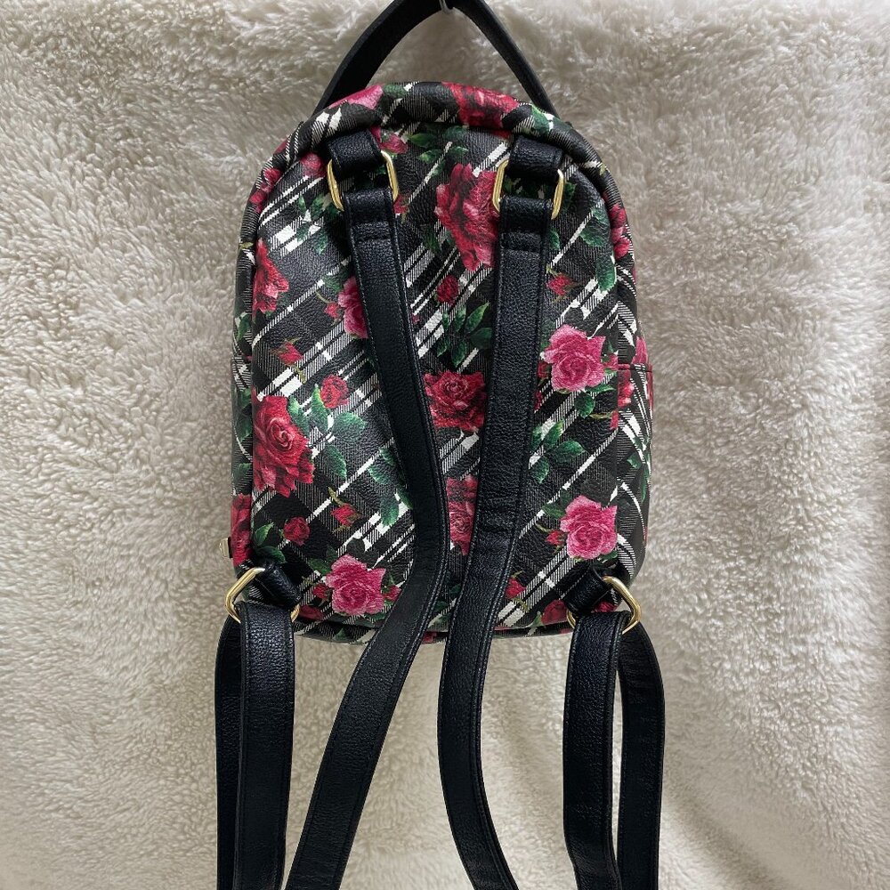 Betsy Johnson Blk/Wht Plaid w/Red Roses Dog Face Mini Backpack w/Card Case - Picture 3 of 13